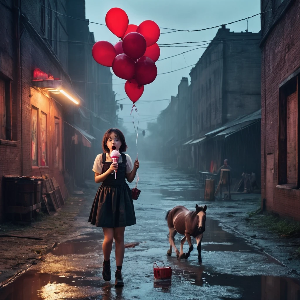 a girl passionately licks waffle ice cream, holds a balloon, an industrial zone, a dark night, the lanterns are dimly lit, a dirty man lies in red bloody puddles, a clown watchman stands with an air rifle, a horse, the police run away in panic, black humor, a fountain of beer