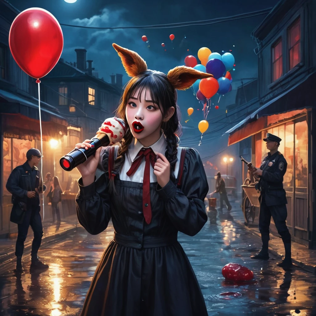 a girl passionately licks waffle ice cream, holds a balloon, an industrial zone, a dark night, the lanterns are dimly lit, a dirty man lies in red bloody puddles, a clown watchman stands with an air rifle, a horse, the police run away in panic, black humor, a fountain of beer