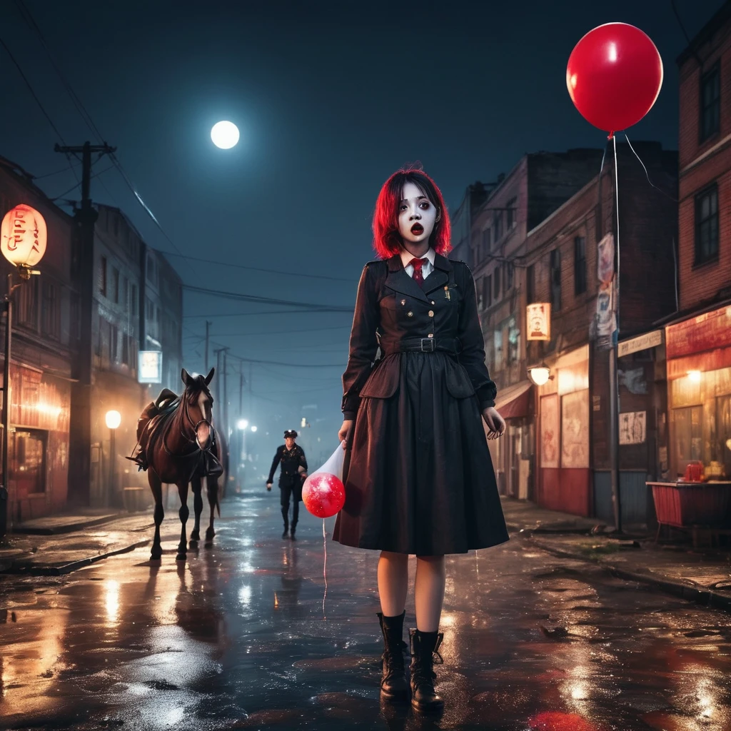 a girl passionately licks waffle ice cream, holds a balloon, an industrial zone, a dark night, the lanterns are dimly lit, a dirty man lies in red bloody puddles, a clown watchman stands with an air rifle, a horse, the police run away in panic, black humor, a fountain of beer