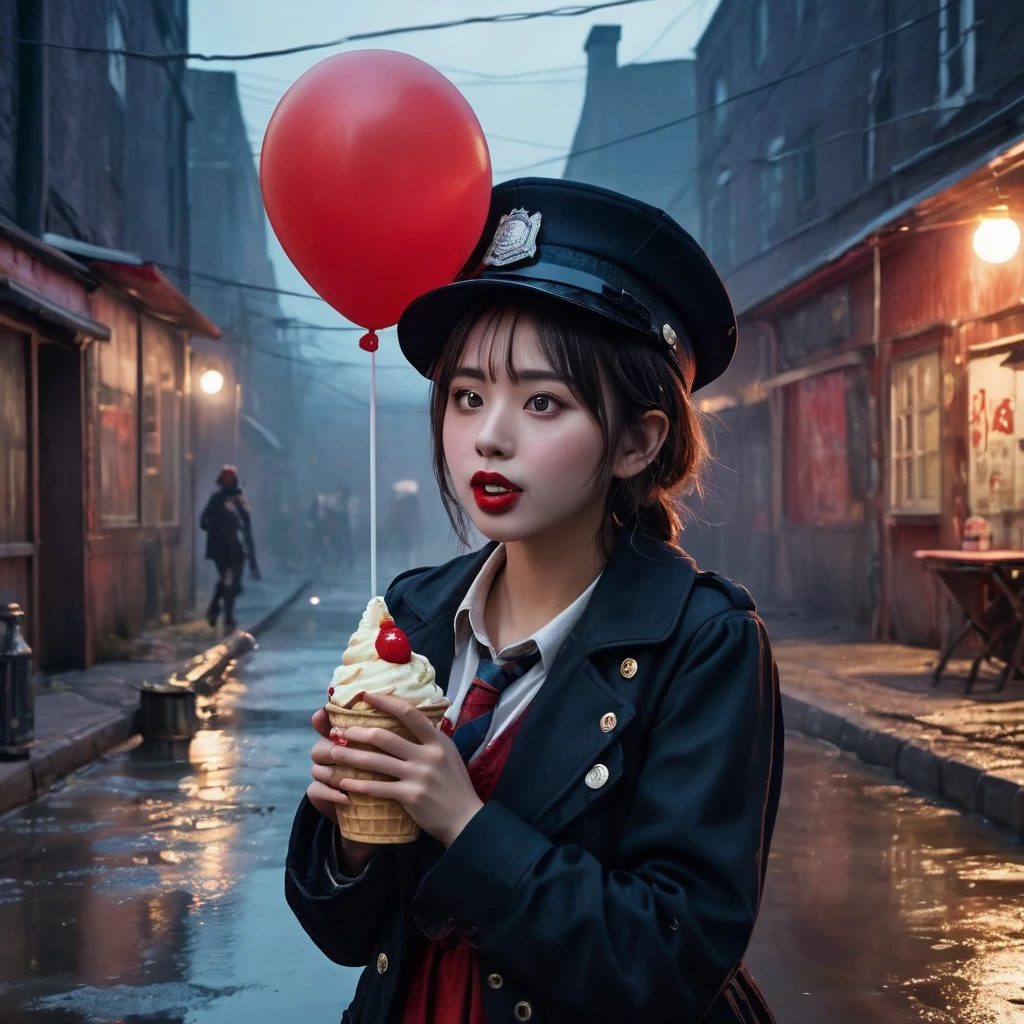 a girl passionately licks waffle ice cream, holds a balloon, an industrial zone, a dark night, the lanterns are dimly lit, a dirty man lies in red bloody puddles, a clown watchman stands with an air rifle, a horse, the police run away in panic, black humor, a fountain of beer