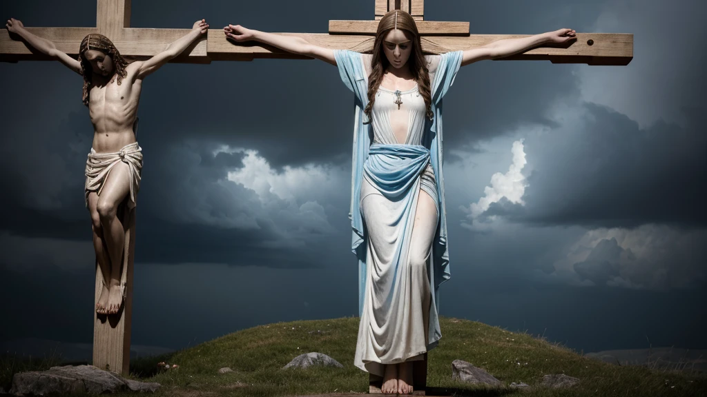 "A deeply emotional scene of the Virgin Mary standing at the foot of the cross during Jesus' crucifixion. Mary's face is filled with sorrow and unwavering faith, her hands clasped in prayer. The dark, stormy sky above and the somber atmosphere enhance the profound grief and devotion. The cross is prominently displayed, with Jesus crucified, while Mary is depicted with a flowing blue and white robe, her eyes reflecting immense pain and divine acceptance. The entire scene conveys an atmosphere of ultimate sacrifice and maternal love, set in a realistic, photographic style --ar 16:9 --v 6.0 --style raw --s 0"