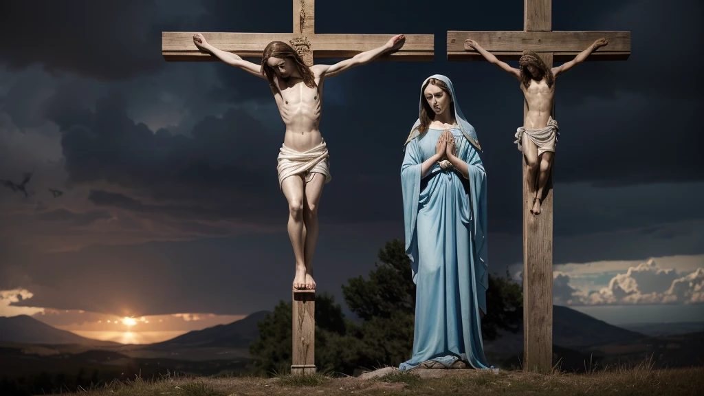 "A deeply emotional scene of the Virgin Mary standing at the foot of the cross during Jesus' crucifixion. Mary's face is filled with sorrow and unwavering faith, her hands clasped in prayer. The dark, stormy sky above and the somber atmosphere enhance the profound grief and devotion. The cross is prominently displayed, with Jesus crucified, while Mary is depicted with a flowing blue and white robe, her eyes reflecting immense pain and divine acceptance. The entire scene conveys an atmosphere of ultimate sacrifice and maternal love, set in a realistic, photographic style --ar 16:9 --v 6.0 --style raw --s 0"