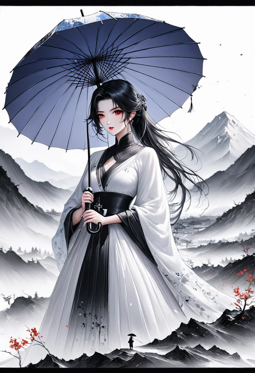 (Lots of white space:1.5),(Lots of white space around:1.6), White background, simple, Minimalism, Abstract,Hand Painted,Aesthetic,black and white,Ink Painting,,a mountain,Girl holding an umbrella in the distance,(Umbrella:1.7),一幅Abstract的艺术插图, author:Li Song, Arte no estilo de Gu Weiss, Shin Jin Hye, Obra-prima de Gu Weiss, Ross Figure 1. 0, Beautiful digital illustrations, Inspired by Non-WLOP, simple數位藝術, jingna zhang, Gu Weiss, Stunning digital illustrations