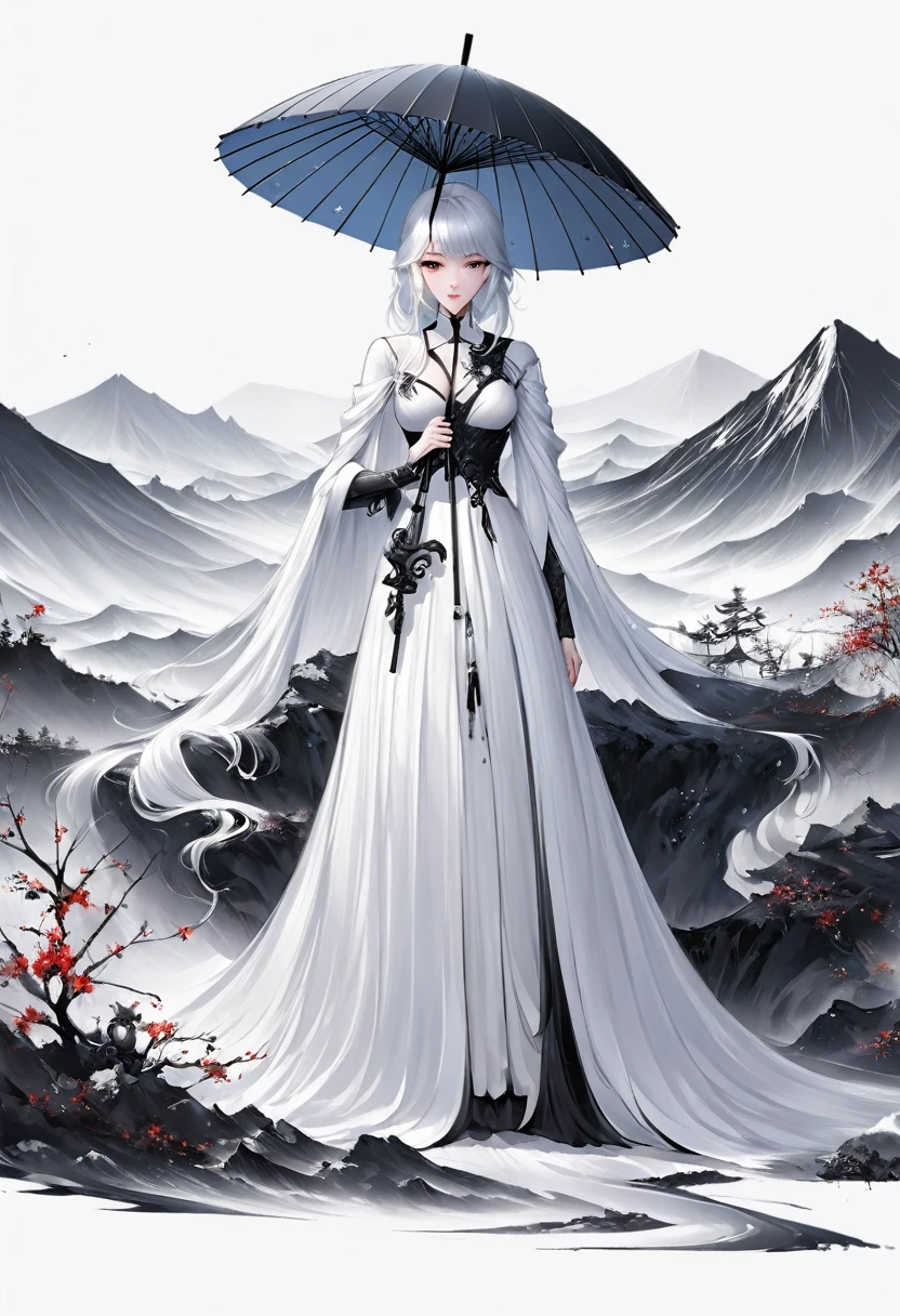 (Lots of white space:1.5)，(Lots of white space around:1.6), White background, simple, Minimalism, Abstract,Hand Painted，Aesthetic，black and white，Ink Painting，，a mountain，Girl holding an umbrella in the distance，(Umbrella:1.7),一幅Abstract的艺术插图, author：Li Song, Arte no estilo de Gu Weiss, Shin Jin Hye, Obra-prima de Gu Weiss, Ross Figure 1. 0, Beautiful digital illustrations, Inspired by Non-WLOP, simple數位藝術, jingna zhang, Gu Weiss, Stunning digital illustrations