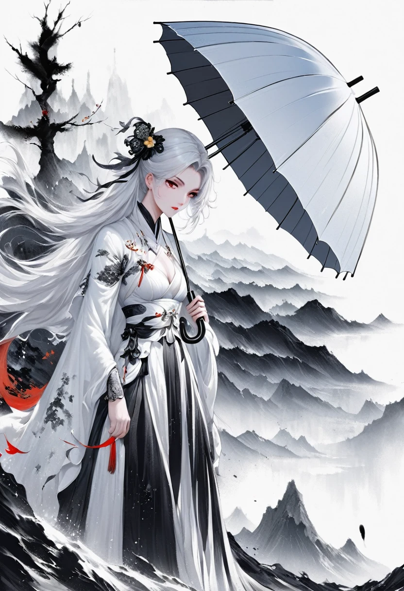 (Lots of white space:1.5)，(Lots of white space around:1.6), White background, simple, Minimalism, Abstract,Hand Painted，Aesthetic，black and white，Ink Painting，，a mountain，Girl holding an umbrella in the distance，(Umbrella:1.7),一幅Abstract的艺术插图, author：Li Song, Arte no estilo de Gu Weiss, Shin Jin Hye, Obra-prima de Gu Weiss, Ross Figure 1. 0, Beautiful digital illustrations, Inspired by Non-WLOP, simple數位藝術, jingna zhang, Gu Weiss, Stunning digital illustrations