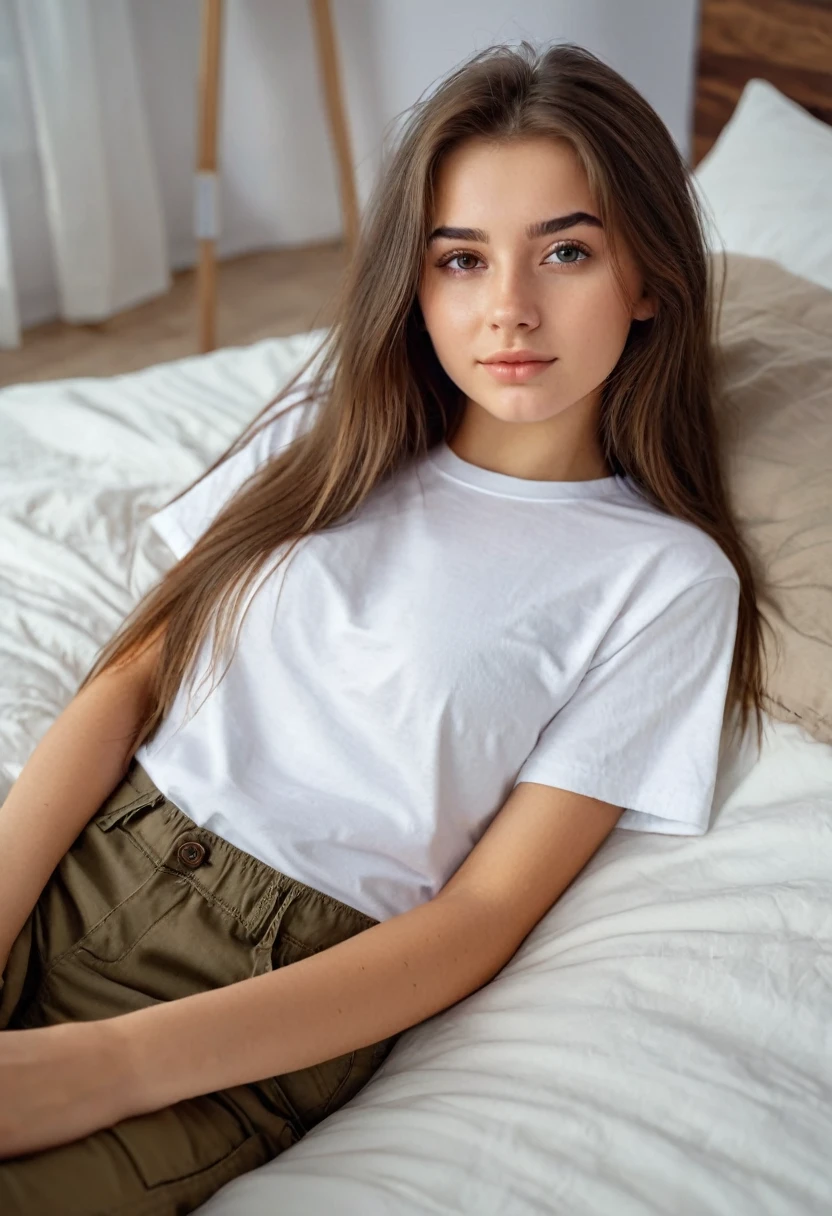 photo of a cute 18-year-old girl, long brunette hair, lying in bed, wearing a white t-shirt and brown cargo pants, selfie, high quality, realistic, bedroom, natural light, soft focus, award winning, 8k, very detailed, trending on artstation