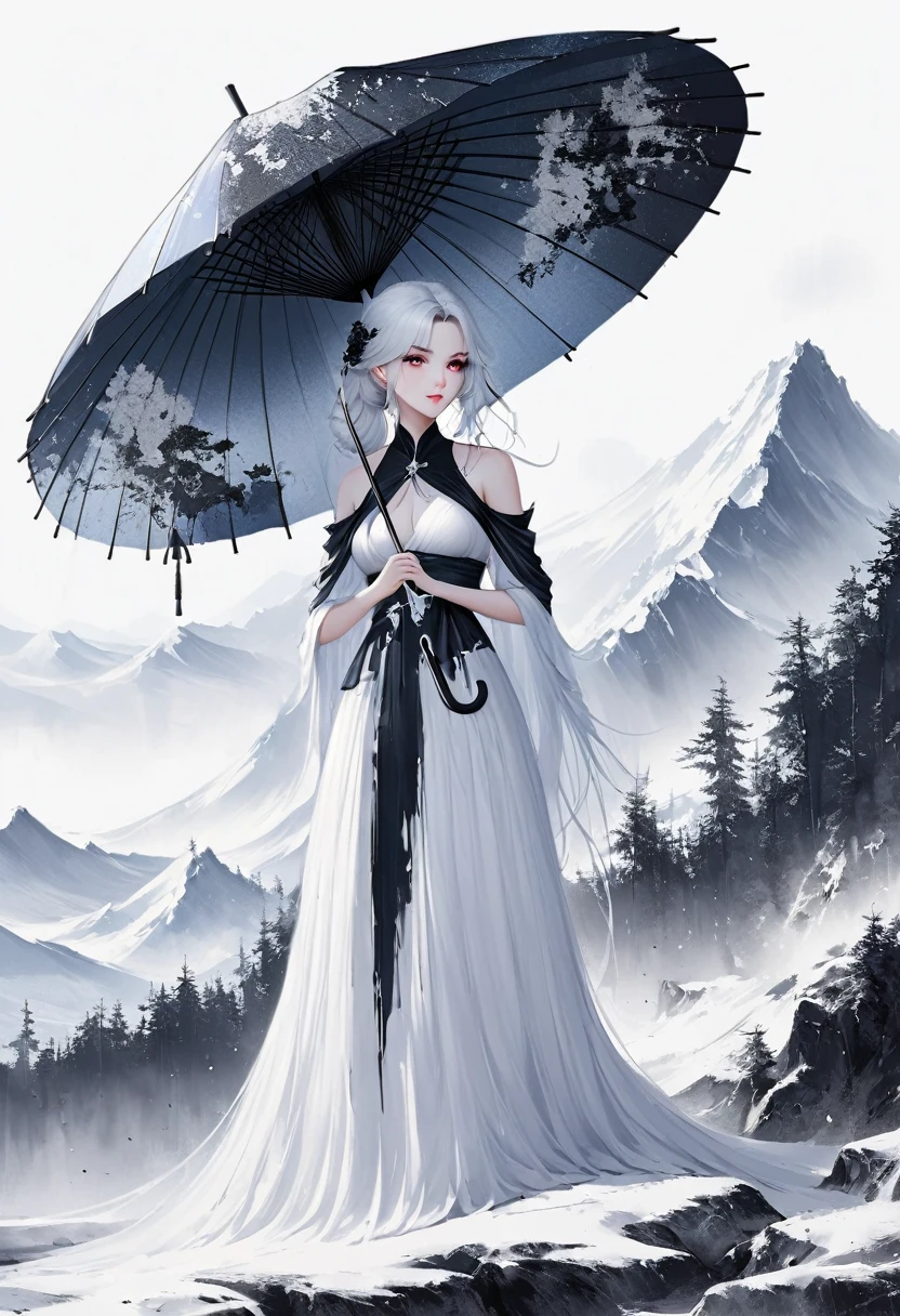 (Lots of white space:1.5),(Lots of white space around:1.6), White background, simple, Minimalism, Abstract,Hand Painted,Aesthetic,black and white,Ink Painting,,a mountain,Girl holding an umbrella in the distance,(Umbrella:1.7),一幅Abstract的艺术插图, author:Li Song, Arte no estilo de Gu Weiss, Shin Jin Hye, Obra-prima de Gu Weiss, Ross Figure 1. 0, Beautiful digital illustrations, Inspired by Non-WLOP, simple數位藝術, jingna zhang, Gu Weiss, Stunning digital illustrations