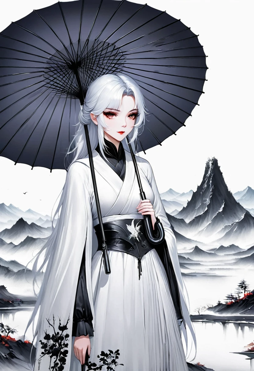 (Lots of white space:1.5),(Lots of white space around:1.6), White background, simple, Minimalism, Abstract,Hand Painted,Aesthetic,black and white,Ink Painting,,a mountain,Girl holding an umbrella in the distance,(Umbrella:1.7),一幅Abstract的艺术插图, author:Li Song, Arte no estilo de Gu Weiss, Shin Jin Hye, Obra-prima de Gu Weiss, Ross Figure 1. 0, Beautiful digital illustrations, Inspired by Non-WLOP, simple數位藝術, jingna zhang, Gu Weiss, Stunning digital illustrations