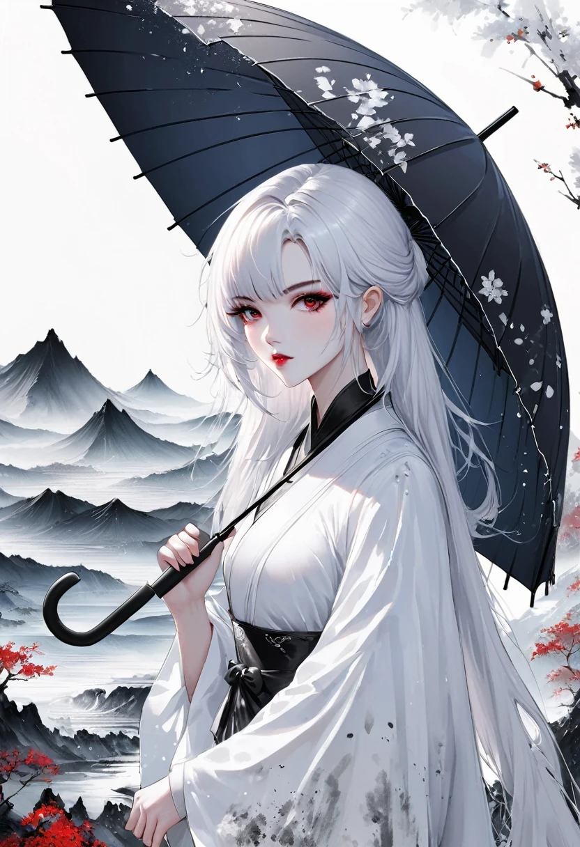 (Lots of white space:1.5),(Lots of white space around:1.6), White background, simple, Minimalism, Abstract,Hand Painted,Aesthetic,black and white,Ink Painting,,a mountain,Girl holding an umbrella in the distance,(Umbrella:1.7),一幅Abstract的艺术插图, author:Li Song, Arte no estilo de Gu Weiss, Shin Jin Hye, Obra-prima de Gu Weiss, Ross Figure 1. 0, Beautiful digital illustrations, Inspired by Non-WLOP, simple數位藝術, jingna zhang, Gu Weiss, Stunning digital illustrations