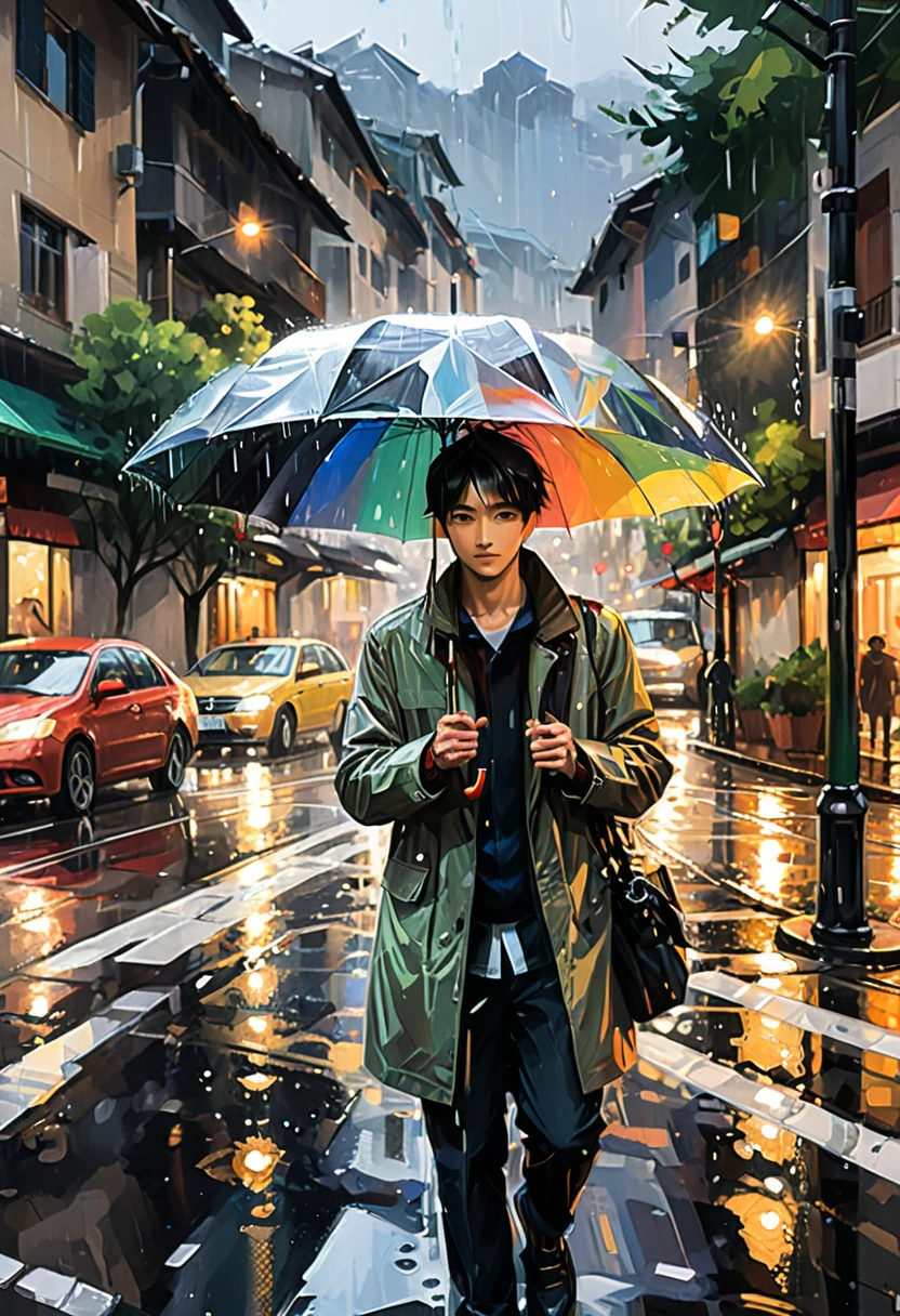 (Umbrella, rain), an artist painting in the rain, with the painting canvas depicting a group of people holding umbrellas on the street. The artist is holding a palette and paintbrush in his hand, focusing on depicting the scenery in front of him. He is focusing on depicting the scenery in his eyes, surrounded by wet roads and lights flickering in raindrops. This is a close-up shot that highlights his focus and enthusiasm in creation, as well as the details of painting, showcasing the overall picture, (panoramic view), Photography, award-winning, cinematic still, emotional, vignette, dynamic, vivid, (masterpiece, best quality, Professional, perfect composition, very aesthetic, absurdres, ultra-detailed, intricate details:1.3)