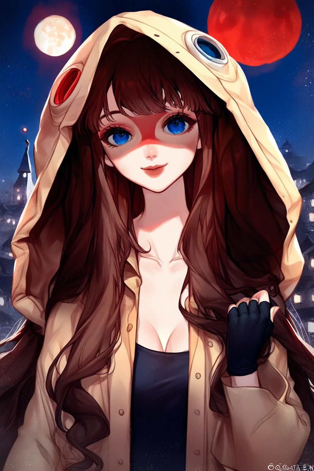 1 girl, CuteStyle, upper body, bottom view, blue eyes, brown hair, long hair with bangs, looking at the viewer, flowing hair, wearing a black T-shirt, fingerless black gloves, unbuttoned black raincoat without hood, standing on the roof outside, night, big red moon, smile, shaded face, face in blood, detailed, beautiful, delicate tones