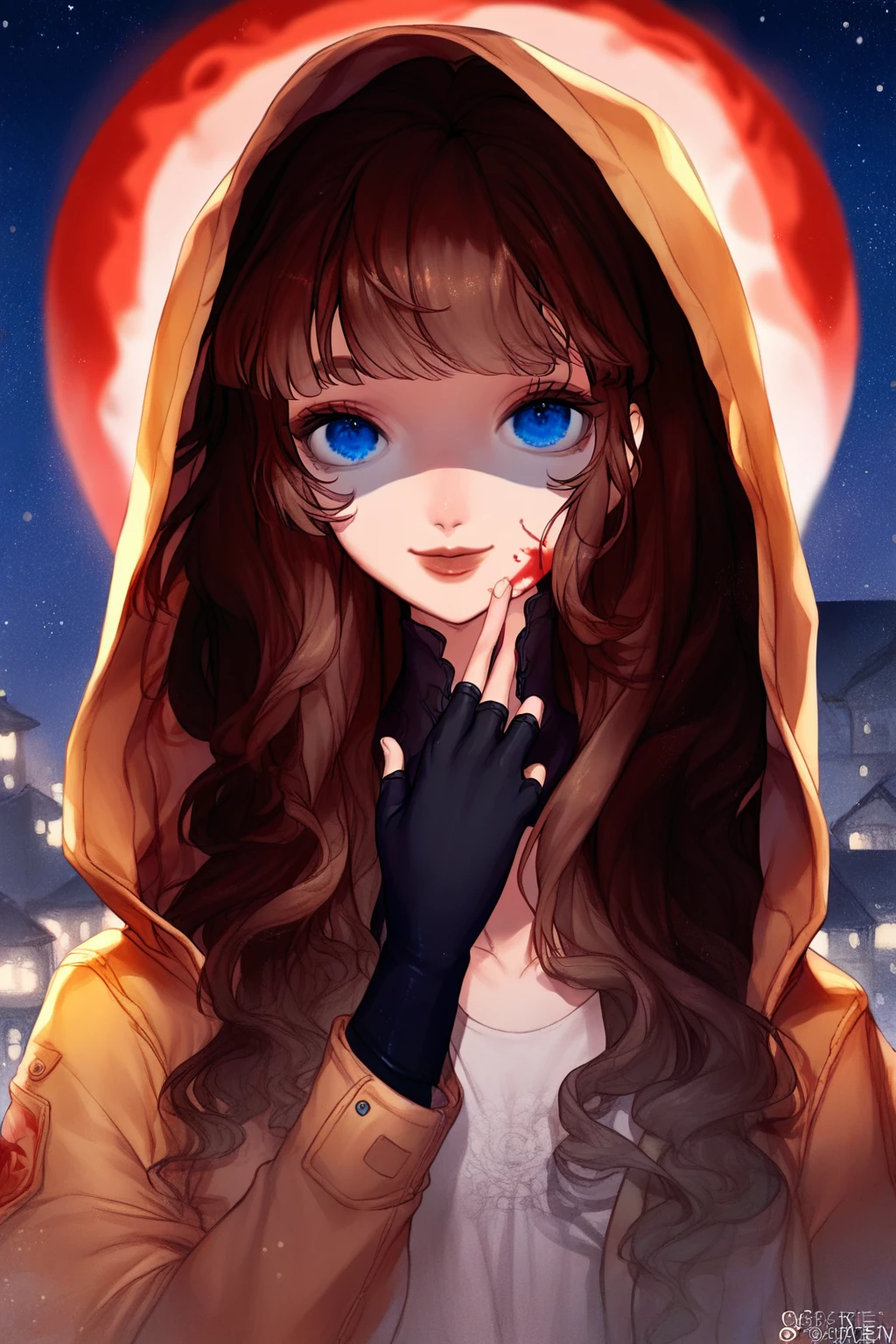 1 girl, CuteStyle, upper body, bottom view, blue eyes, brown hair, long hair with bangs, looking at the viewer, flowing hair, wearing a black T-shirt, fingerless black gloves, unbuttoned black raincoat without hood, standing on the roof outside, night, big red moon, smile, shaded face, face in blood, detailed, beautiful, delicate tones
