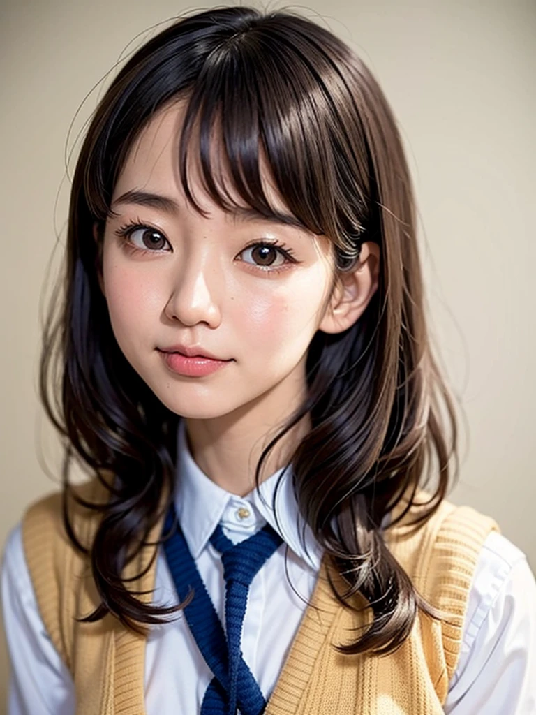 (Highest quality), (masterpiece), highly detailed, A naked Riho Yoshioka is lying on a bed with a thick penis sticking out from the front and half of it in her mouth., Oral sex,  body, Eyes that are evenly shaped, Big eyes, Droopy eyes, A dreamy look, Cum on her face, she does shy smile, she is blushing, Beautiful mouth, Beautiful penis, get creampied, Japanese school girl uniform, Yellow knitted vest, A simple background with just a sheet,