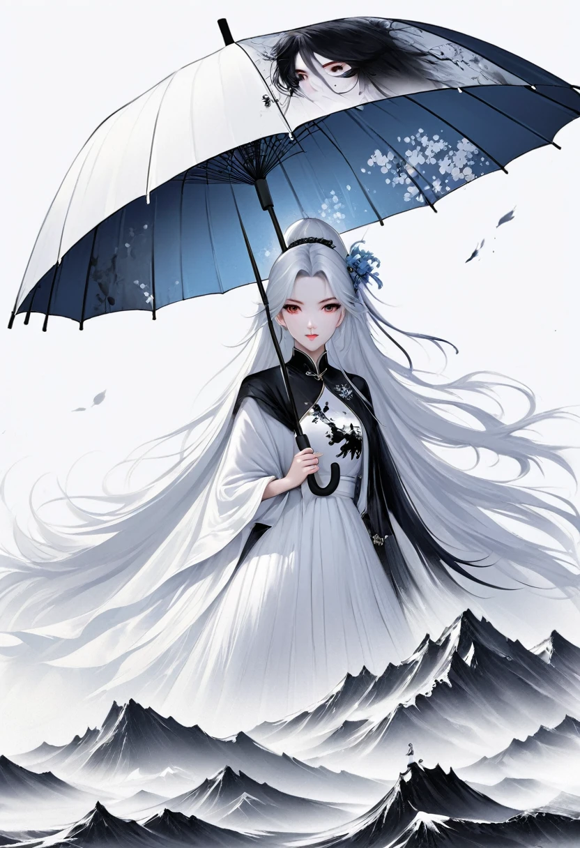 (Lots of white space:1.5),(Lots of white space around:1.6), White background, simple, Minimalism, Abstract,Hand Painted,Aesthetic,black and white,Ink Painting,,a mountain,Girl holding an umbrella in the distance,(Umbrella:1.7),一幅Abstract的艺术插图, author:Li Song, Arte no estilo de Gu Weiss, Shin Jin Hye, Obra-prima de Gu Weiss, Ross Figure 1. 0, Beautiful digital illustrations, Inspired by Non-WLOP, simple數位藝術, jingna zhang, Gu Weiss, Stunning digital illustrations