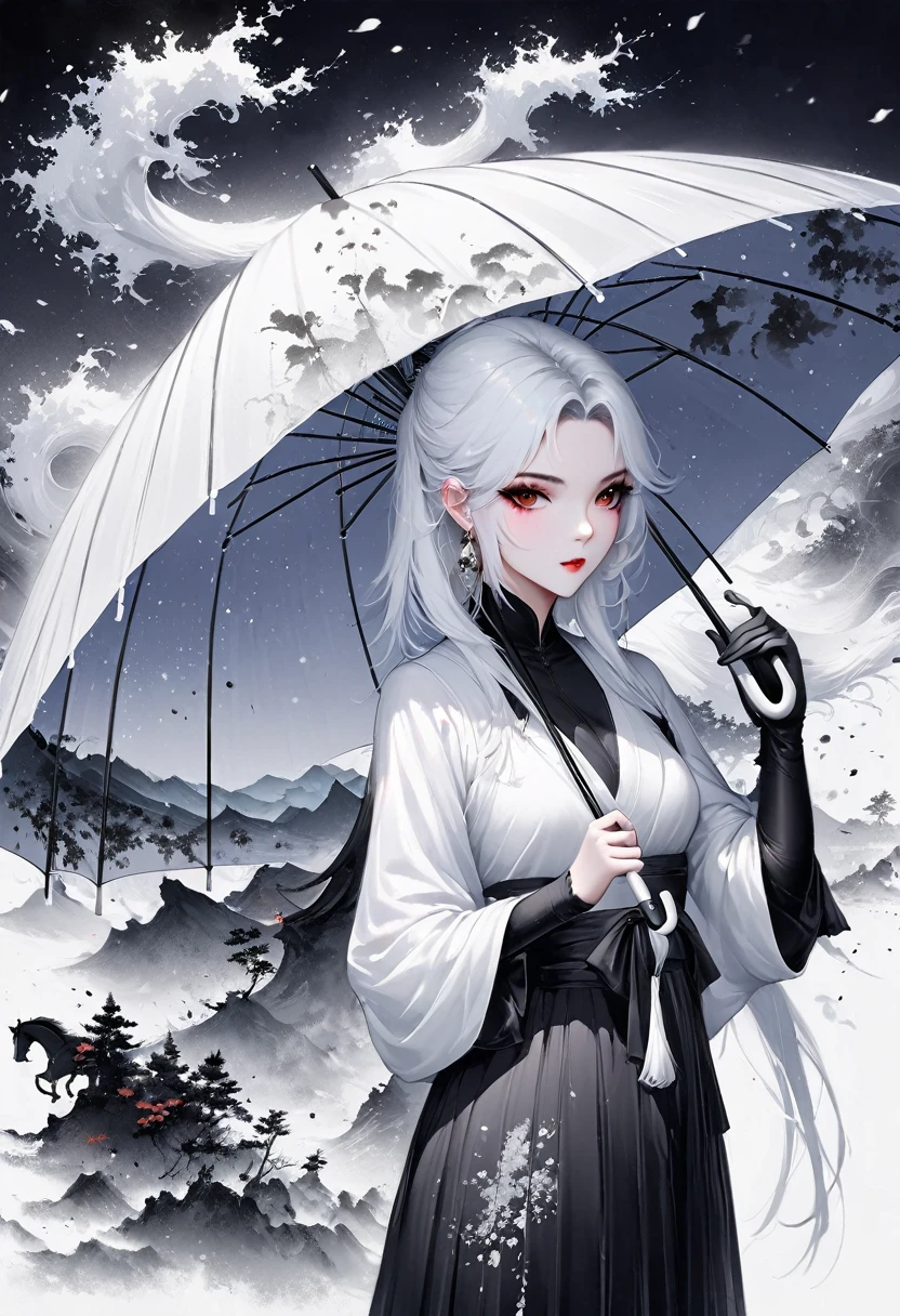 (Lots of white space:1.5)，(Lots of white space around:1.6), White background, simple, Minimalism, Abstract,Hand Painted，Aesthetic，black and white，Ink Painting，，a mountain，Girl holding an umbrella in the distance，(Umbrella:1.7),一幅Abstract的艺术插图, author：Li Song, Arte no estilo de Gu Weiss, Shin Jin Hye, Obra-prima de Gu Weiss, Ross Figure 1. 0, Beautiful digital illustrations, Inspired by Non-WLOP, simple數位藝術, jingna zhang, Gu Weiss, Stunning digital illustrations