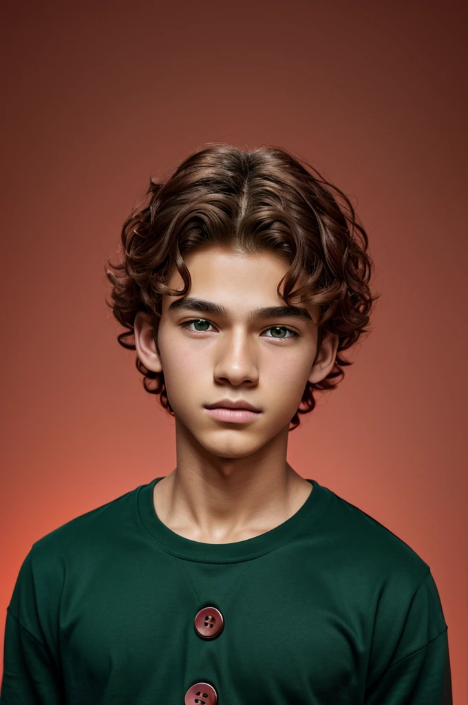 14 year old boy,quiet, red and wavy hair that reaches to his ears,with almond-shaped green eyes and somewhat large eyelashes,with a button nose and not so big lips,medium tanned but light skin,with low blush,with black t-shirt and red sweatshirt anime digital art style