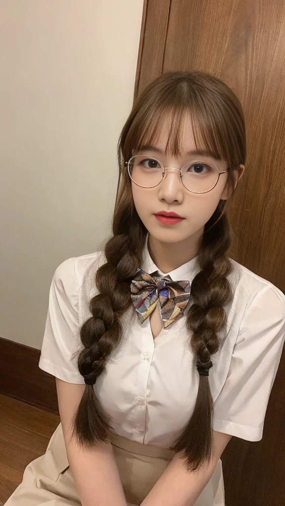 (Actually, the resolution is high.:1.3),A girl with a perfect body, slender face and eyes, long golden hair, white V-neck shirt.:1.2 short skirts in the house, big breasts, showing breasts, wearing glasses, bow tie, braids