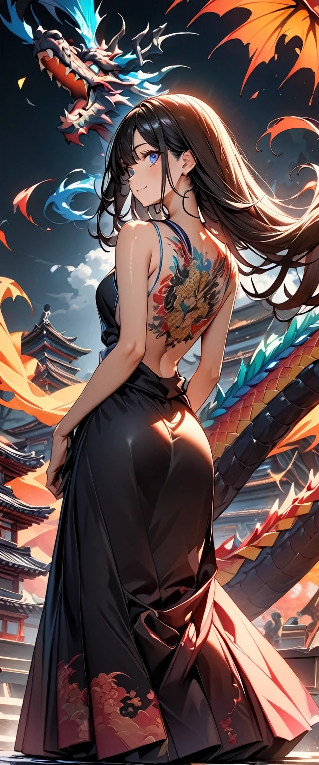 (highest quality:1.2, Very detailed, Latest, Vibrant, Ultra-high resolution, High Contrast, masterpiece:1.2, highest quality, Best aesthetics), (((1 girl))), From the back, big dragon tattoo on back, Tattoo on back, Beautiful nudes, Beautiful back, Pull up your hair, Nape, Detailed tattoo representation, Colorful tattoo dragon, Fine image, A woman with a slender body, The kimono is fluttering, Beautiful Skin, (Detailed Eye Expression:1.2), Beautiful woman looking back, Standing, Cowboy Shot, Black Hair, Long Hair, Dutch Angle, Full Body Shot.