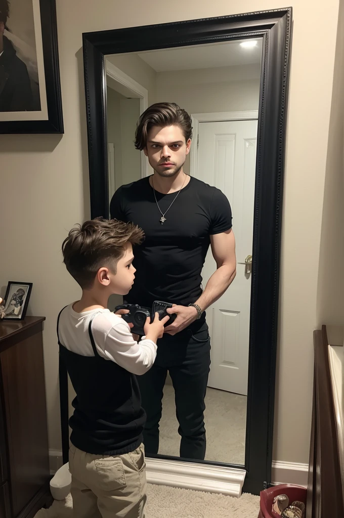 Sebastian Stan with boy taking photo in mirror
