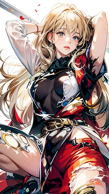 realistic, high resolution, soft light,1 woman, alone, lift one's buttocks, (detailed face), blonde hair, (Neat bangs:1.4), purple eyes, ((Not good)), nudity, ((torn clothes:1.5)), ((Firm B cup breasts)), ((standing posture)), ((small and beautiful pink areolas)), ((voluptuous body)), ((Yawning with Eyes Closed)), ((Manifestations of pain)), ((Both arms tied behind the head)), ((open your legs)), creampie pussy