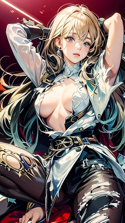 realistic, high resolution, soft light,1 woman, alone, lift one's buttocks, (detailed face), blonde hair, (Neat bangs:1.4), purple eyes, ((Not good)), nudity, ((torn clothes:1.5)), ((Firm B cup breasts)), ((standing posture)), ((small and beautiful pink areolas)), ((voluptuous body)), ((Yawning with Eyes Closed)), ((Manifestations of pain)), ((Both arms tied behind the head)), ((open your legs)), creampie pussy