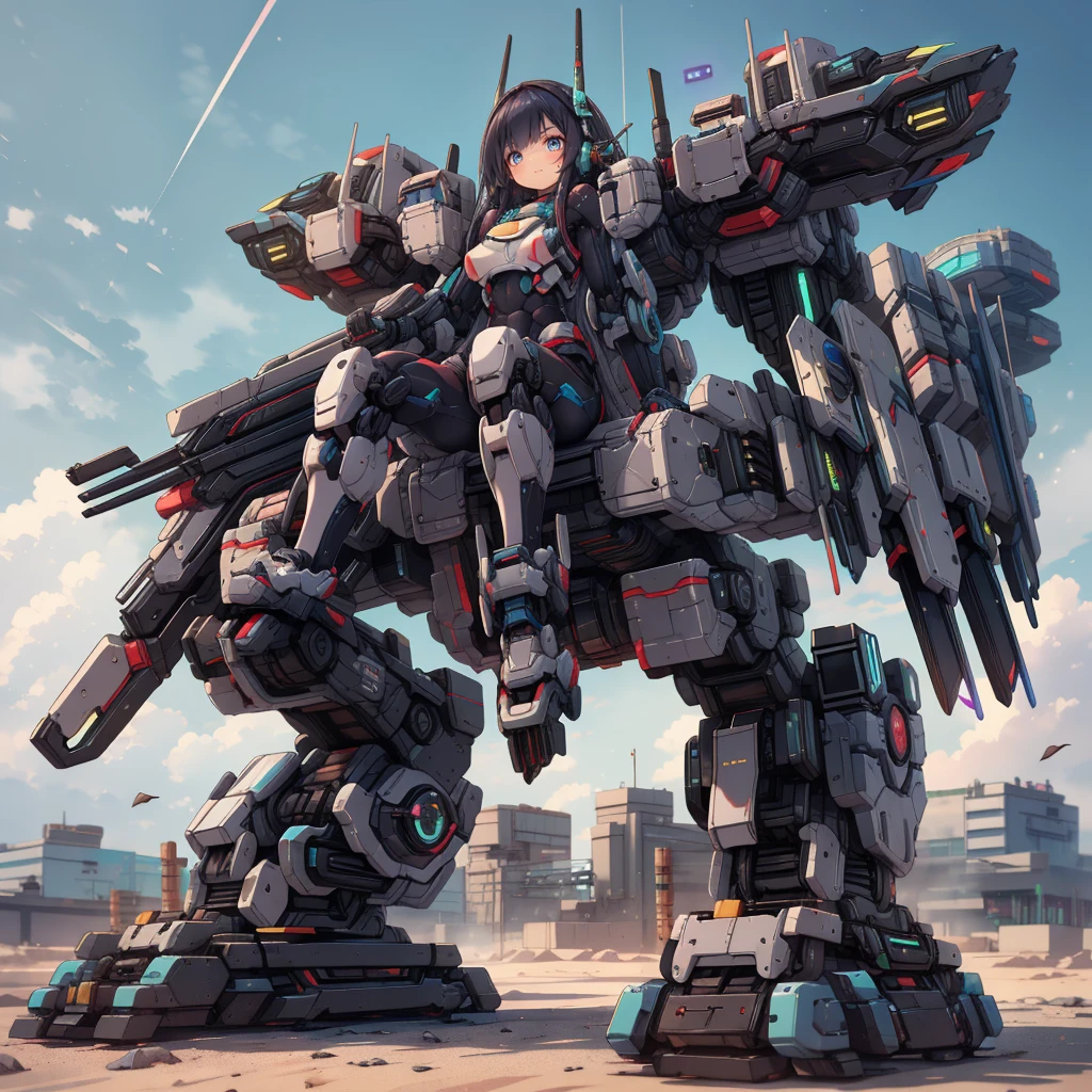 (masterpiece:1.2), best quality, high resolution, extremely detailed CG, absurdres, highres, Sci-fi world, a girl in bodysuit sits inside a machine with giant robot arms and legs on a battlefield, and the girl holds the lever of the machine,Colorful portraits