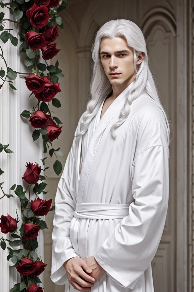 Pretty man, long hair, white hair, pale white skin, pale grey eyes, white robe, red roses, doves.