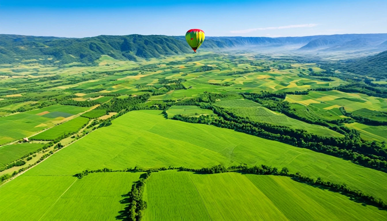 Picture of a single massive, flying hot air balloon. (Floating in air, Different colors)) Picture of air balloon flying above a lush green valley on a sunny warm sunny day