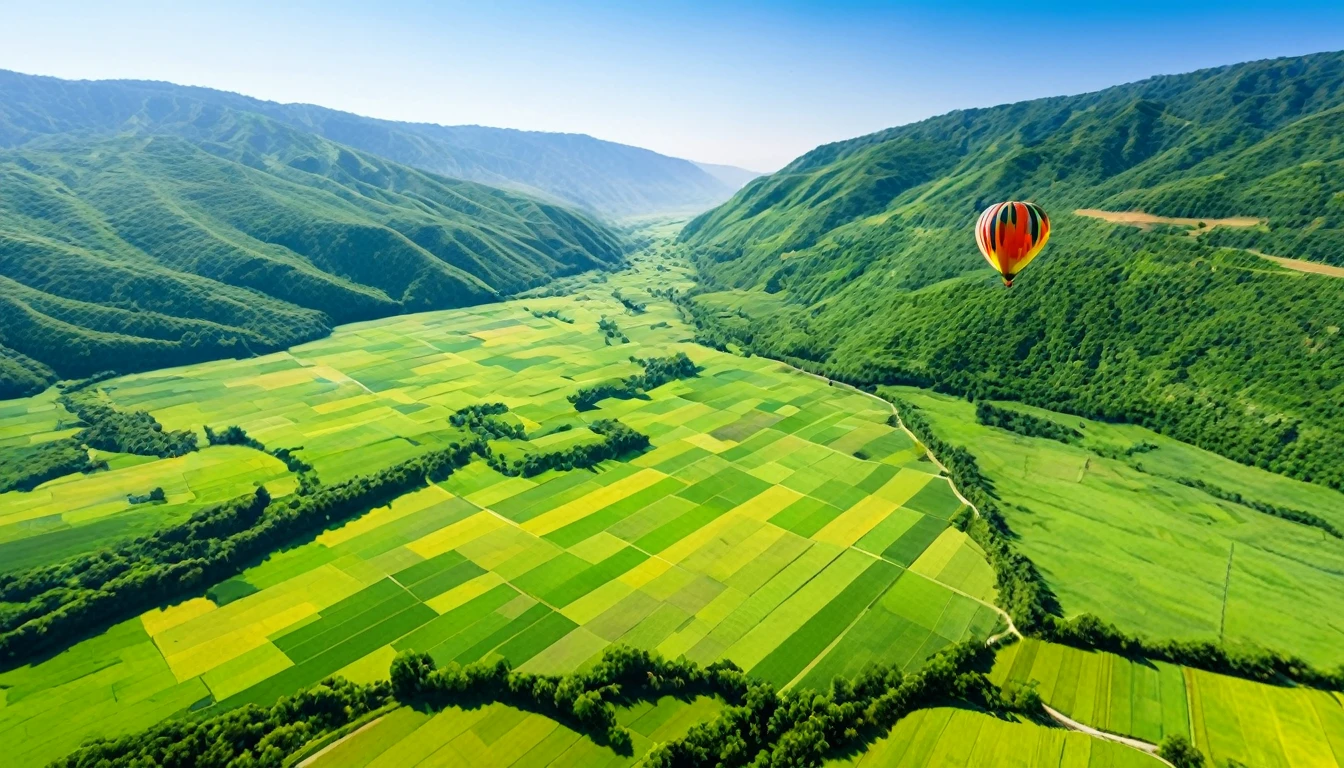 Picture of a single massive, flying hot air balloon. (Floating in air, Different colors)) Picture of air balloon flying above a lush green valley on a sunny warm sunny day