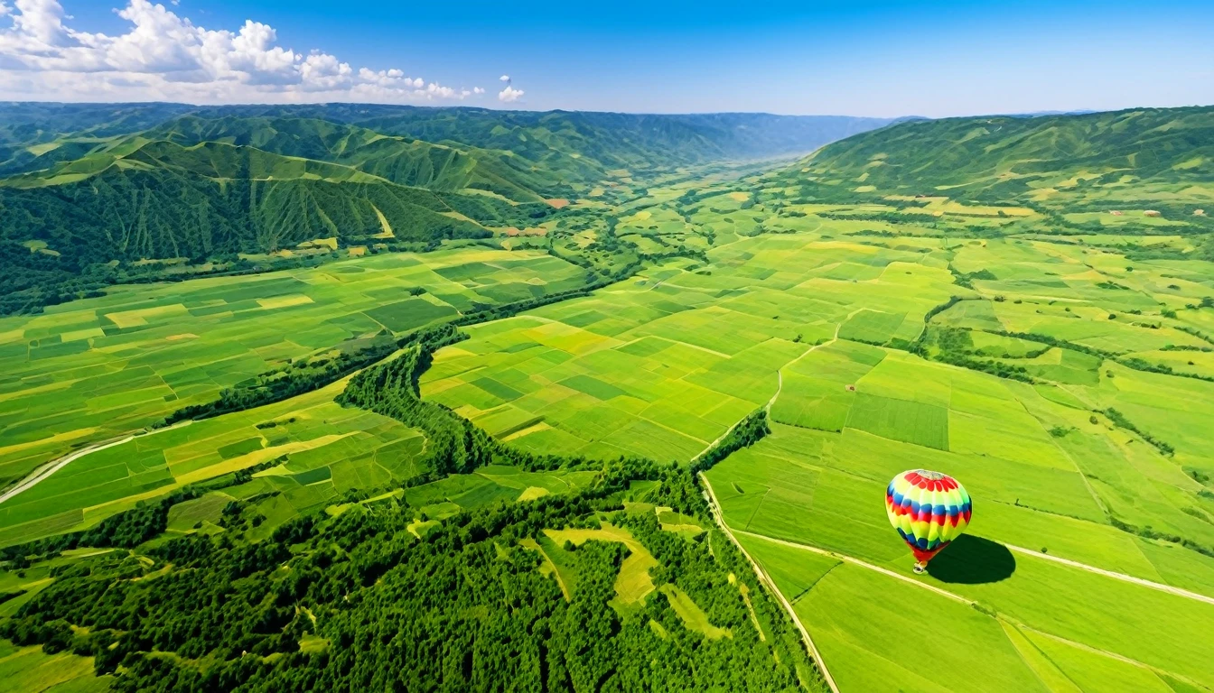 Picture of a single massive, flying hot air balloon. (Floating in air, Different colors)) Picture of air balloon flying above a lush green valley on a sunny warm sunny day