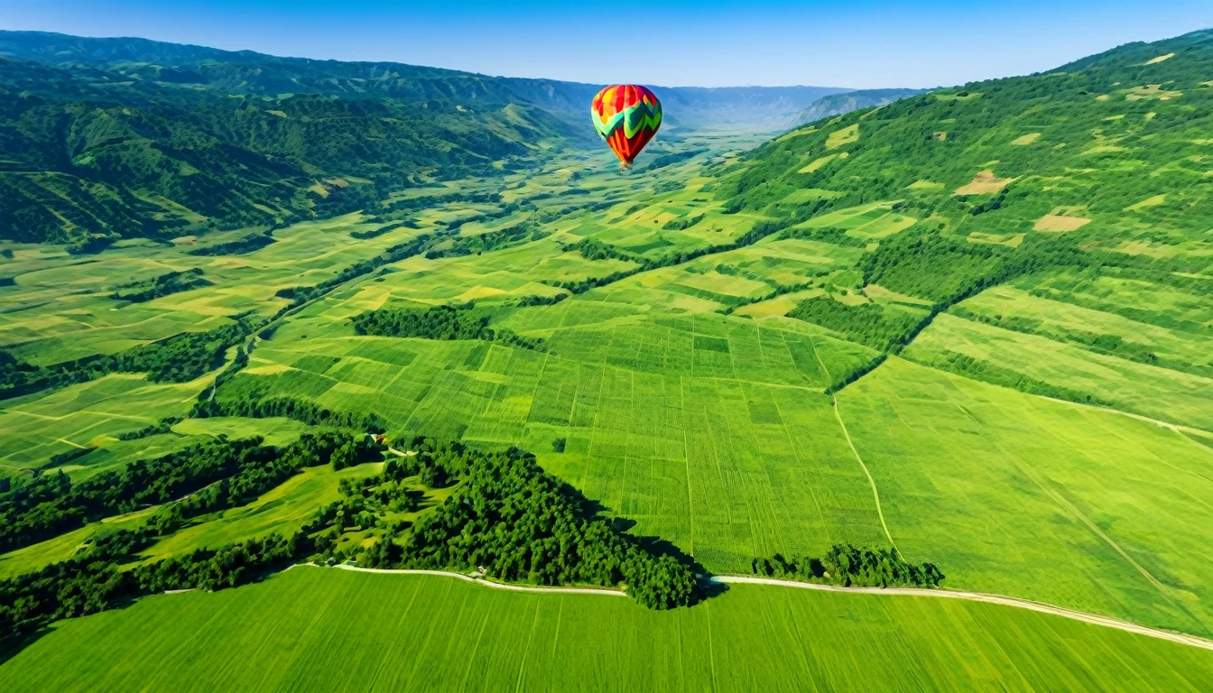 Picture of a single massive, flying hot air balloon. (Floating in air, Different colors)) Picture of air balloon flying above a lush green valley on a sunny warm sunny day