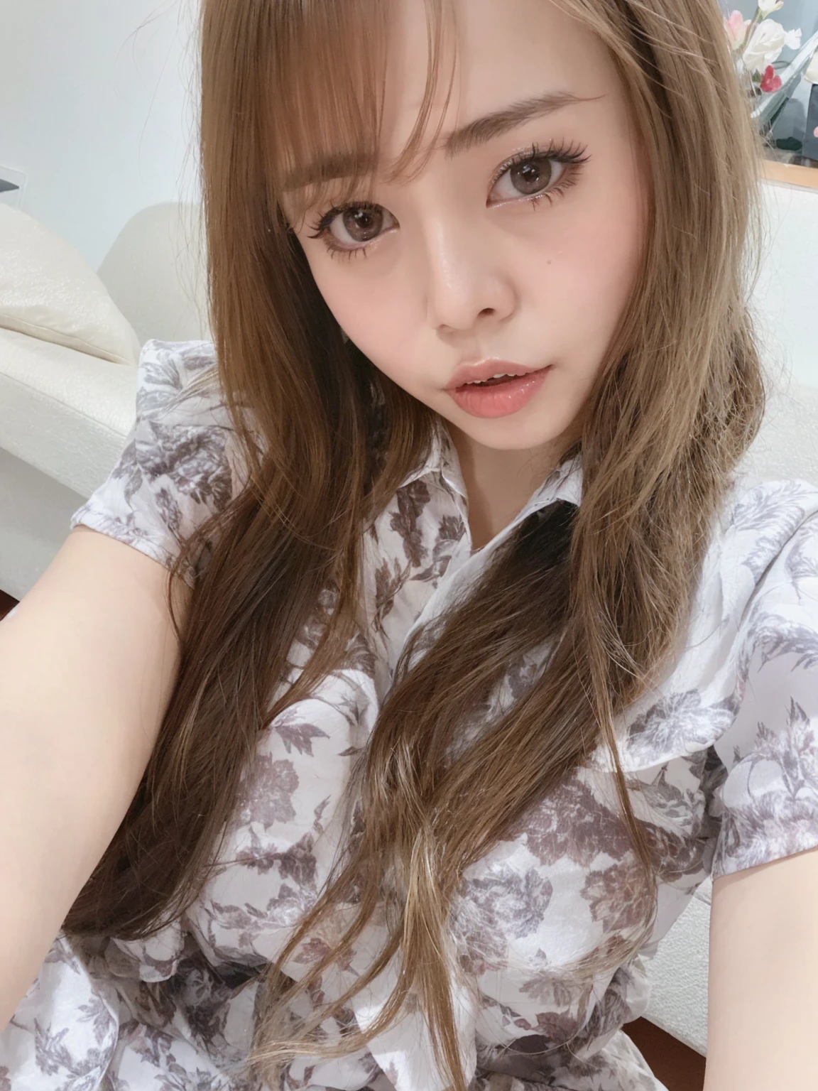 there is a woman that is sitting down with a cell phone, larissa manobal, Yoshitomo Nara, Belle Delphine, sakimichan, 8K selfie photo, ulzzangs, Chiho, Lalisa Manoban in blackpink, sakimichan, brown hair and bangs, ayami kojima amano