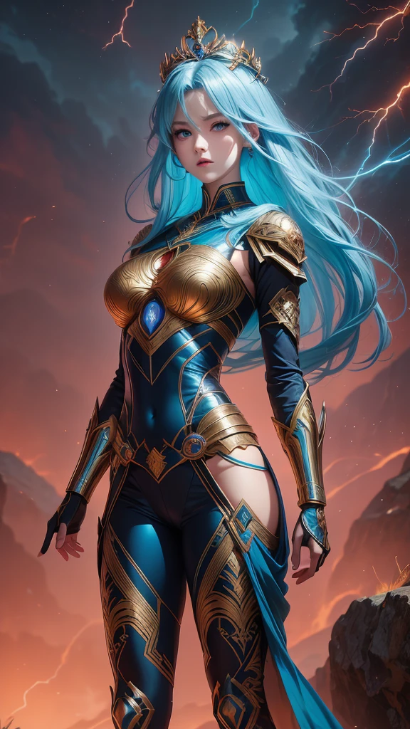 "Official Art, Unity 8k Wallpaper, Masterpiece, Best Quality, Fantasy, Ultra Detail, Full body shot, (Dynamic Angle), (Very Detail), Ultra High Definition, 8k UHD, (light rayer:1.05), Light Particles, Magic Effects swirling around her, Detailed Skin Texture, (illustration:1.05), (detailed light:1.05), (ultra-detailed:1.1), Solo, One Woman, hovering mid-air with a mystic aura. Eyes: deep electric blue that seem to harbor storms within, surrounded by dark eyelashes and soft glowing eyelids. Attire: a delicate balance of steel armor intricately designed, combined with soft silken fabrics that flow with her every move. Crown: made of steel, glistening with a metallic sheen, adorned with intricate patterns. Hair: long, flowing like live electricity. Holding an intricately designed hammer, emerging before a striking bolt of lightning, realistic light setting, (realistic)."
