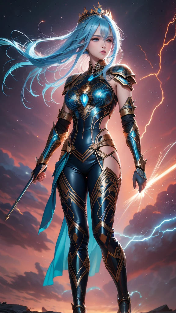 "Official Art, Unity 8k Wallpaper, Masterpiece, Best Quality, Fantasy, Ultra Detail, Full body shot, (Dynamic Angle), (Very Detail), Ultra High Definition, 8k UHD, (light rayer:1.05), Light Particles, Magic Effects swirling around her, Detailed Skin Texture, (illustration:1.05), (detailed light:1.05), (ultra-detailed:1.1), Solo, One Woman, hovering mid-air with a mystic aura. Eyes: deep electric blue that seem to harbor storms within, surrounded by dark eyelashes and soft glowing eyelids. Attire: a delicate balance of steel armor intricately designed, combined with soft silken fabrics that flow with her every move. Crown: made of steel, glistening with a metallic sheen, adorned with intricate patterns. Hair: long, flowing like live electricity. Holding an intricately designed hammer, emerging before a striking bolt of lightning, realistic light setting, (realistic)."
