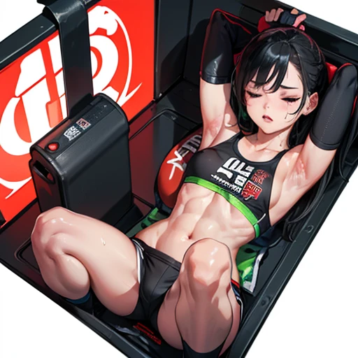 Beautiful young female mixed martial artist fighting in the octagon ring。He is lying face-down with his arms stretched out above his head.。Sweaty。Very weak。Covered in bruises。Bloody。shortness of breath。Drooling。Short black hair。Open Finger Gloves。Erect nipples。Eyes closed。Sports Bra、High leg shorts。