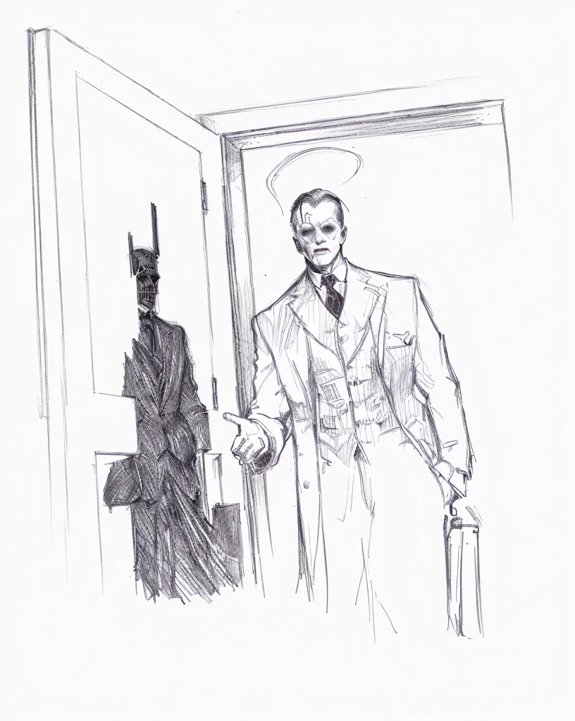a drawing of a man in a suit and tie standing in front of a door, drawn in a neo - noir style, shadowy and eerie character, drawn in a noir style, sketch of a lucid dream, nightmarish illustration, an evil catholic priest, eerie person, by Barron Storey, horror illustration, drawn in the style of mark arian, portfolio illustration