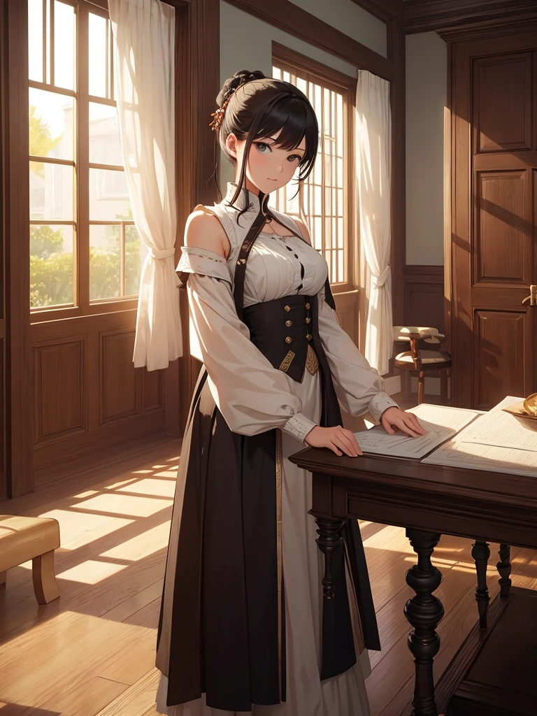 (masterpiece、top-quality、hight resolution),Create an image from the protagonist's perspective inside a private room at an inn. A capable-looking woman has just arrived and is addressing the protagonist. The room should be simple yet cozy, reflecting the setting of an inn. The woman stands confidently, and her demeanor and appearance clearly indicate that she is skilled and reliable. She says, "My master has ordered me to support you. I can handle most tasks. Pleased to meet you."