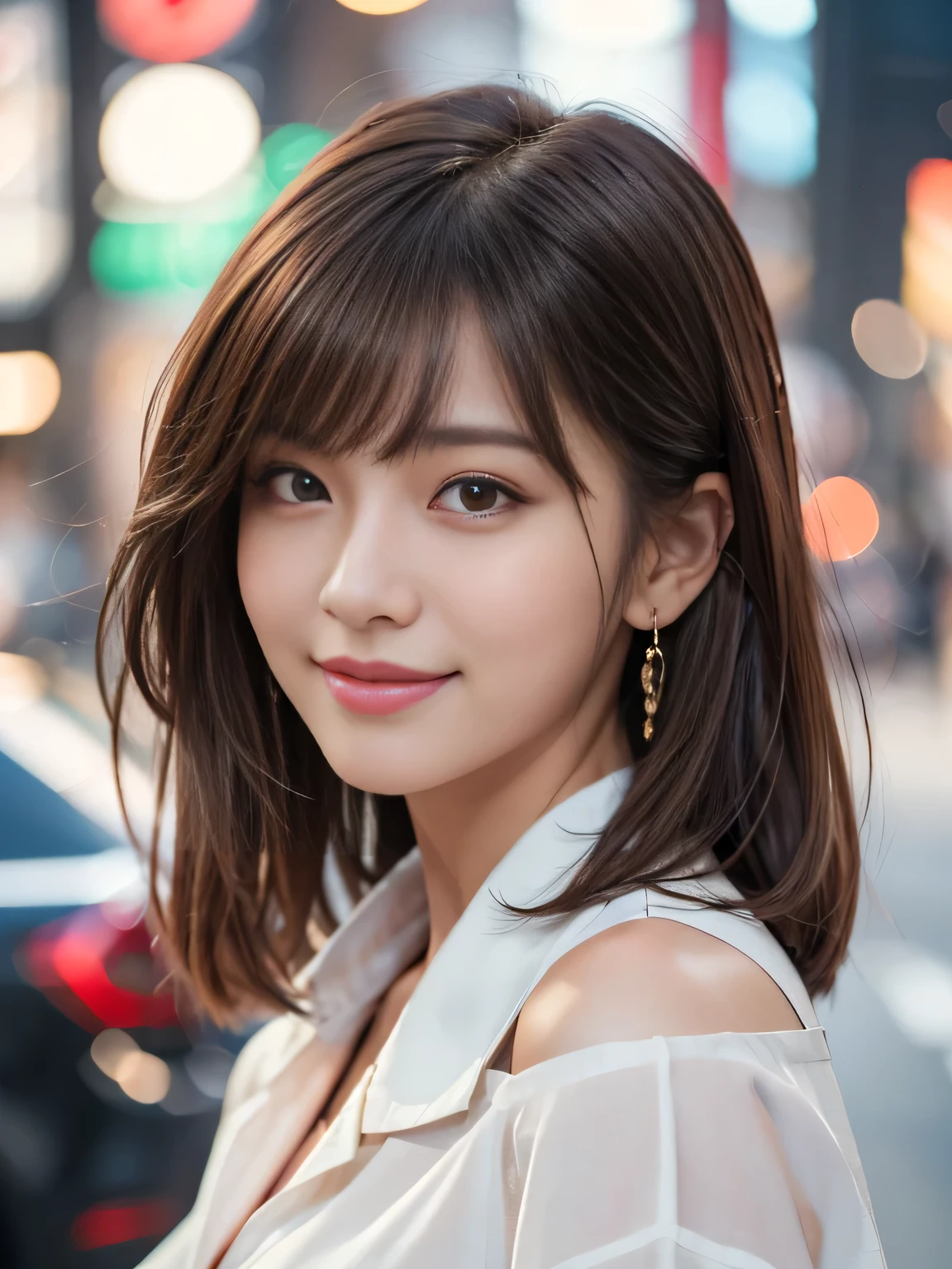 Ultra High Definition, Superior Quality, Premier Quality, ultra detailed, Photorealistic, 8k, RAW Photos, highest quality, masterpiece, Attractive girl, Stunning girl, Brown Hair, Shoulder Length Layered, asymmetrical bangs, K-pop Idol, Sophisticated girl, white shirt with collar, Shibuya, seductive smile, face close up