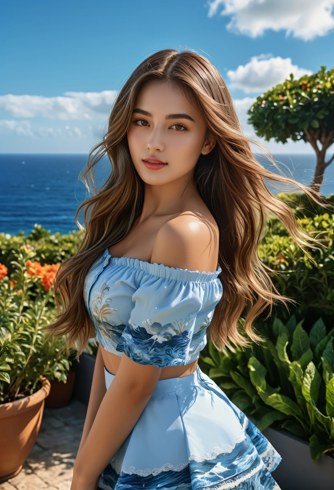 a beautiful girl in a garden, 1 girl, long hair, blue sky, ocean, short skirt, (very detailed background:1.0), (very detailed background:1.0), (best quality,4k,8k,highres,masterpiece:1.2),ultra-detailed,(realistic,photorealistic,photo-realistic:1.37),vibrant colors,natural lighting,impressionistic painting style,detailed facial features,detailed clothing,detailed landscape,detailed ocean waves,detailed sky