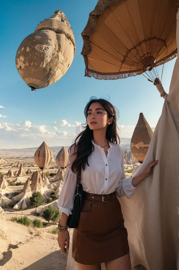  red skin, yellow eyes, long black hair, wearing red dress, walking on the cappadocia tukey, colorful hot air balloons in the sky, sunglasses, white horse