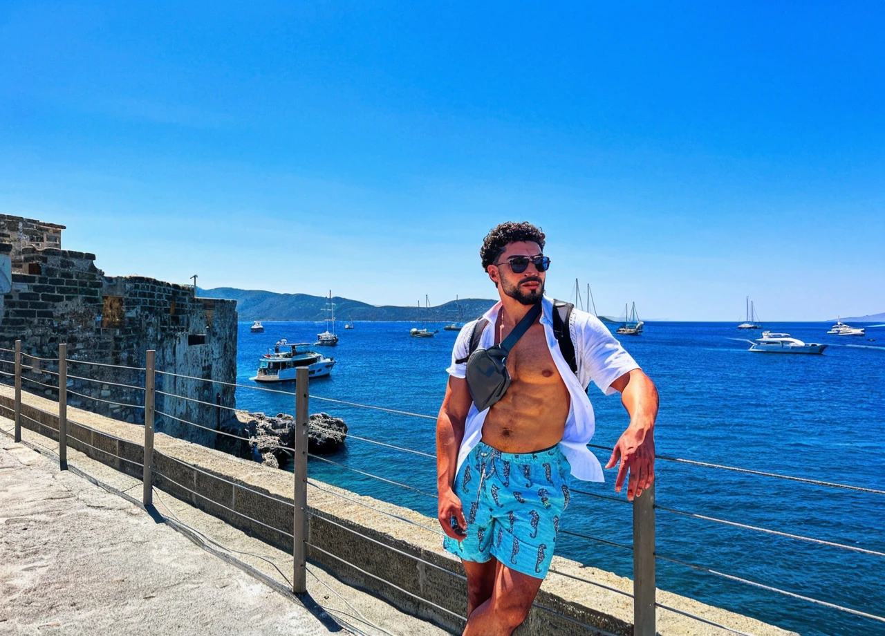muscular latino curly haired man with beard and sunglasses in greece in different animation styles