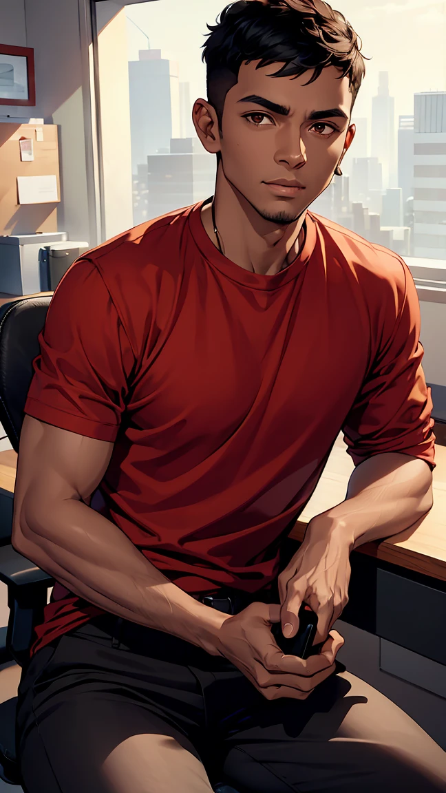 man1,(black skin),round face,brown eyes,black hair,hairless fade haircut,red shirt,pants,(Office room,Sitting behind a desk,He holds a phone in his hands),HD,highly detailed