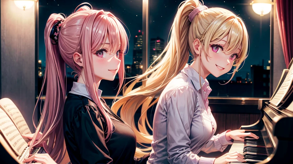 adult woman, pink eyes, ponytail, long blonde hair, playing piano, night, smile