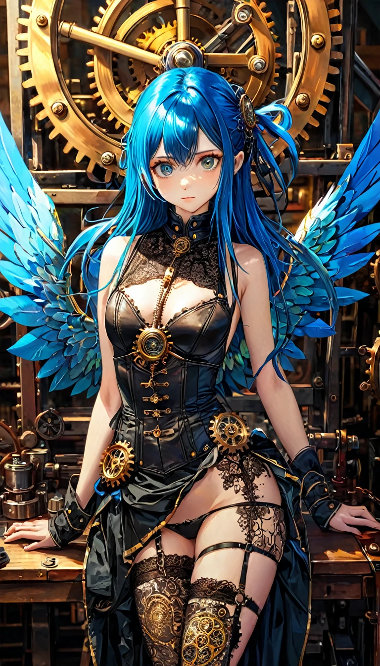 realistic highly detailed oil painting, 1girl, asymmetrical wings, long blue hair, houjuu nue, Wambu, Wambu_Draws, detailed clockwork background, intricate gears, steampunk, dramatic lighting, cinematic, moody atmosphere, vivid colors, masterpiece, (best quality,8k,highres,masterpiece:1.2),ultra-detailed,(realistic,photorealistic,photo-realistic:1.37),studio lighting,extreme detail description,professional
