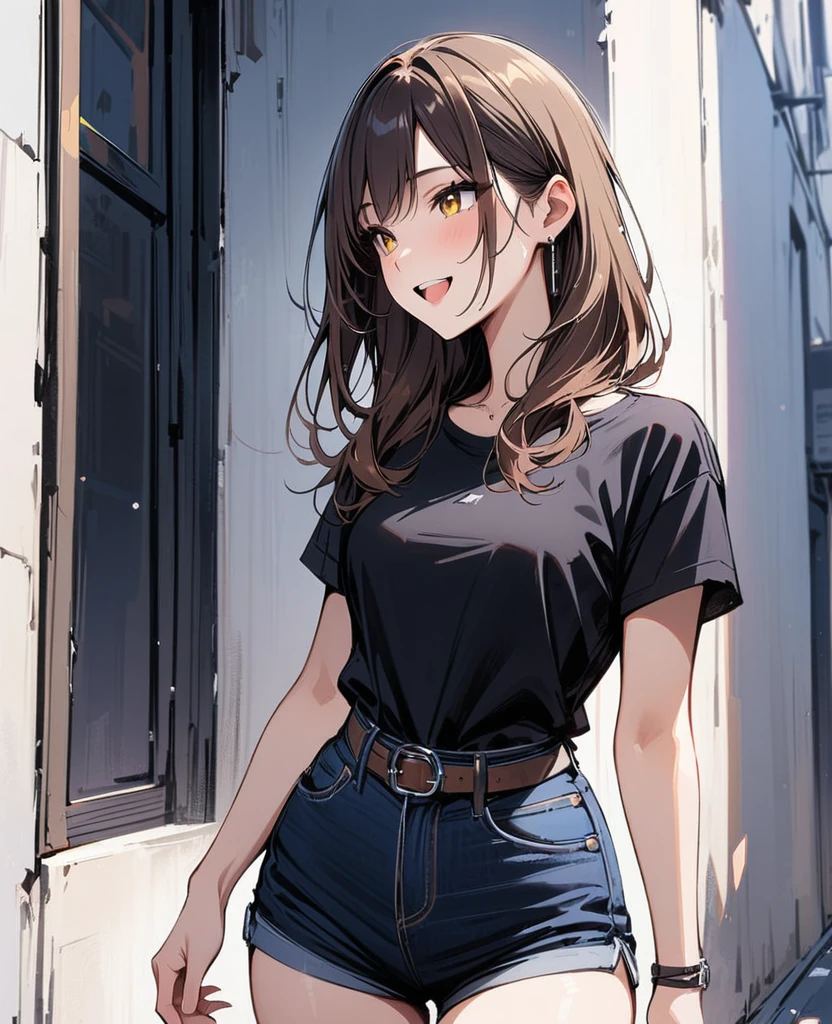 (masterpiece, best quality:1.2), 1 girl, alone,casual wear,happy,black T-shirt,yellow eyes,shoulder length brown hair,