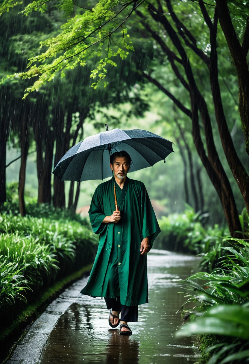 (Umbrella, rain), the scene mainly depicts a middle-aged Asian man walking in the rain. He is wearing a retro robe, holding an open book in his hand, and gently holding an ancient wooden handle umbrella in the other hand. He is walking along a winding path surrounded by dense forests, with raindrops falling beside him. His gaze is focused on the book in his hand, and his thoughts are focused on his thoughts. This is the scene of him walking in the rain, surrounded by green leaves and dense forests. His surroundings are green leaves and dense forests, (panoramic view), (Photography), award-winning, cinematic still, emotional, vignette, dynamic, vivid, (masterpiece, best quality, Professional, perfect composition, very aesthetic, absurdres, ultra-detailed, intricate details:1.3)