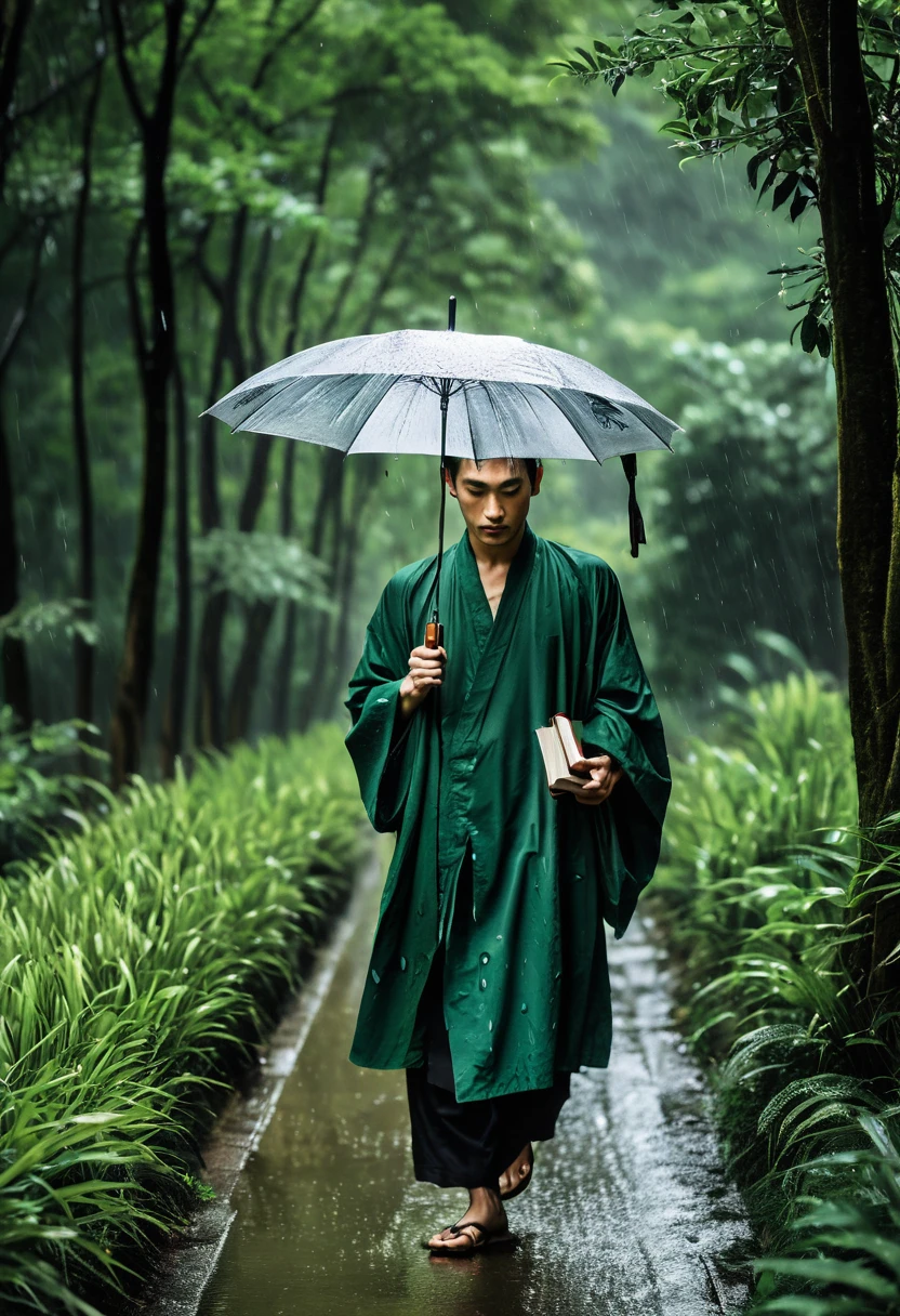 (Umbrella, rain), the scene mainly depicts a middle-aged Asian man walking in the rain. He is wearing a retro robe, holding an open book in his hand, and gently holding an ancient wooden handle umbrella in the other hand. He is walking along a winding path surrounded by dense forests, with raindrops falling beside him. His gaze is focused on the book in his hand, and his thoughts are focused on his thoughts. This is the scene of him walking in the rain, surrounded by green leaves and dense forests. His surroundings are green leaves and dense forests, (panoramic view), (Photography), award-winning, cinematic still, emotional, vignette, dynamic, vivid, (masterpiece, best quality, Professional, perfect composition, very aesthetic, absurdres, ultra-detailed, intricate details:1.3)