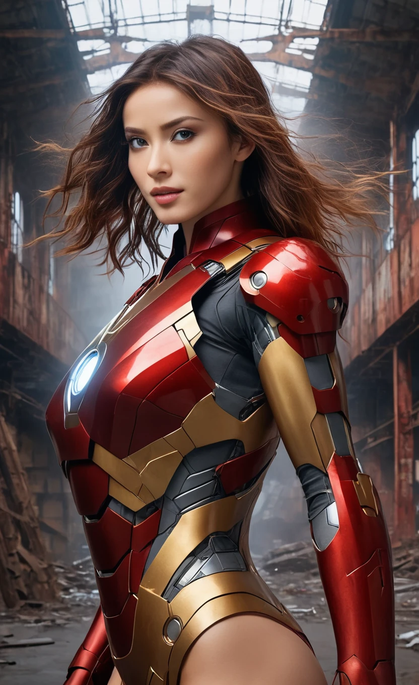 nanx, (1girl:1.3), solo,__body-parts__, official art, unity 8k wallpaper, ultra detailed, beautiful and aesthetic, beautiful, masterpiece, best quality, RAW, masterpiece, super fine photo,, best quality, super high Resolution, photorealistic, sunlight, full body portrait, stunningly beautiful,, dynamic pose, delicate face, vibrant eyes, (side view), she is wearing a futuristic Iron Man mech, red and gold, Highly detailed abandoned warehouse background, detailed face, detailed complex busy background, messy, gorgeous, milky, high detailed skin, realistic skin details, visible pores, sharp focus, volumetric fog, 8k uhd, dslr camera, High quality, film grain, fair skin, photorealism, lomography, sprawling metropolis in a futuristic dystopia, view from below, translucent, full body , sexy, less cloth