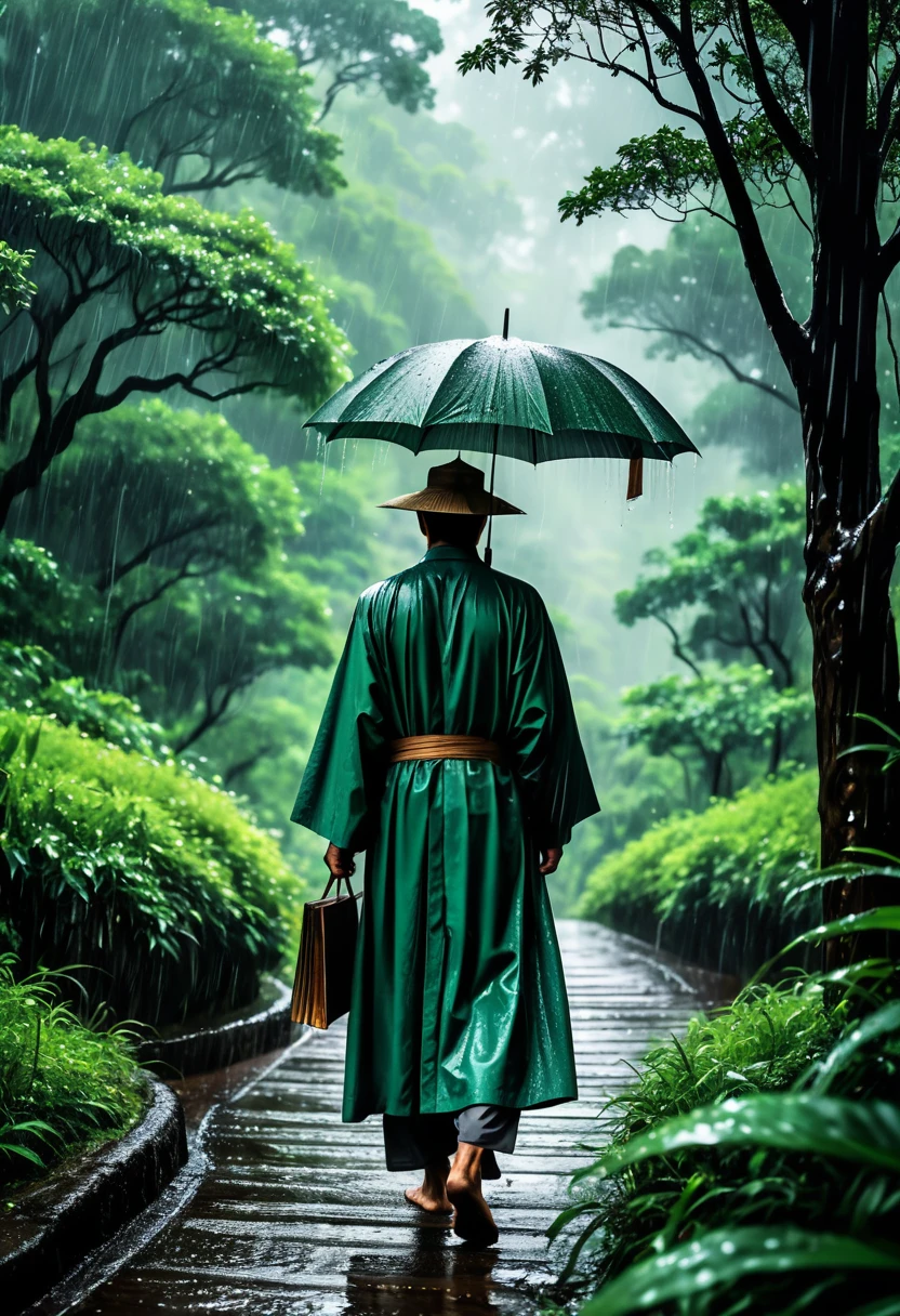 (Umbrella, rain), the scene mainly depicts a man walking in the rain. He is wearing a retro robe, holding an open book in his hand, and gently holding an ancient wooden handle umbrella in the other hand. He is walking along a winding path surrounded by dense forests, with raindrops falling beside him. His gaze is focused on the book in his hand, and his thoughts are focused on his thoughts. This is the scene of him walking in the rain, surrounded by green leaves and dense forests. His surroundings are green leaves and dense forests, (panoramic view), (Photography), award-winning, cinematic still, emotional, vignette, dynamic, vivid, (masterpiece, best quality, Professional, perfect composition, very aesthetic, absurdres, ultra-detailed, intricate details:1.3)