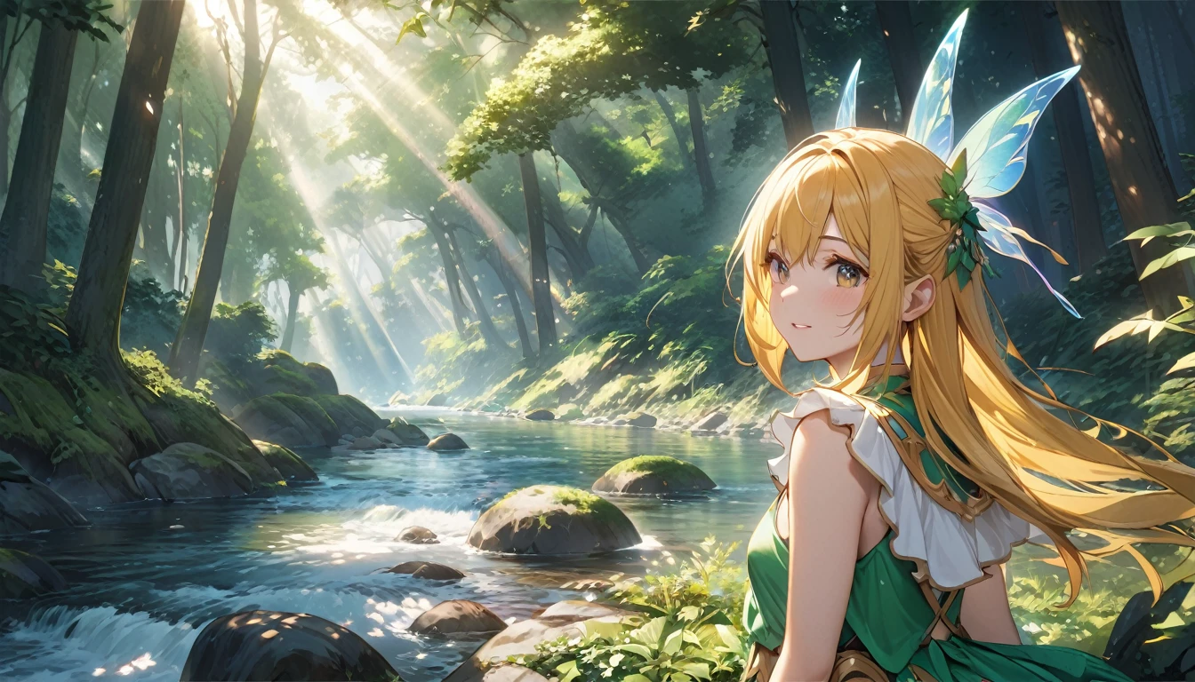 (8K,masterpiece,Highest quality),Hyper Detail,Primary forest,Golden hair shortcut、A fairy girl with a fleeting expression、Sunlight filtering through the trees、river